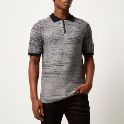 Grey textured zip-up polo shirt